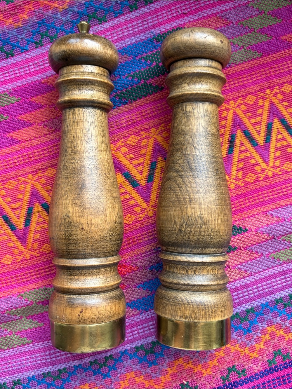 Mid century Modern Wooden Salt and Pepper Mill Set with Brass Bottoms